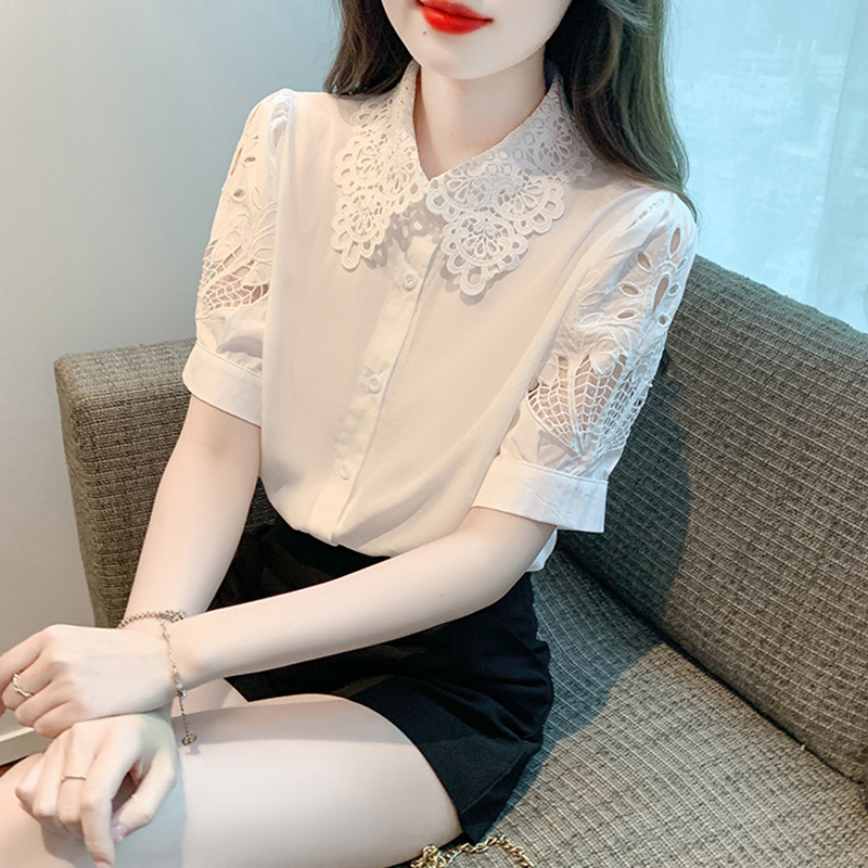 French Lace Chiffon Shirt for Women 2026 Summer New Korean Style Fashionable Doll Collar Short-Sleeved Cut Out Shirt French Lace Chiffon Shirt for Women 2026 Summer New Korean Style Fashionable Doll Collar Short-Sleeved Cut Out Shirt
