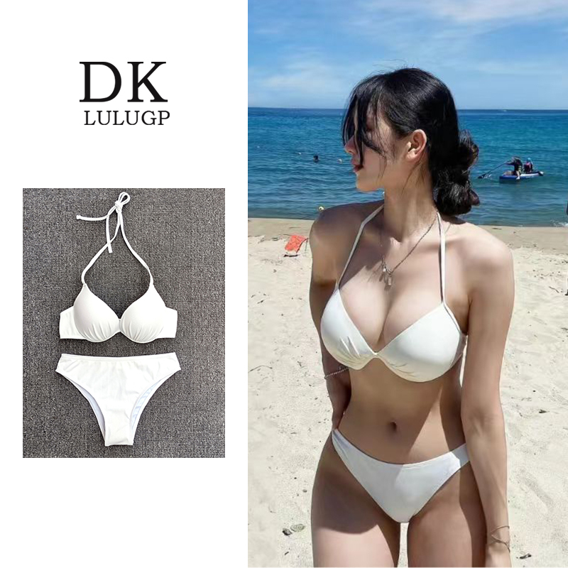 Dk Sexy Ruched Three-Point Vacation Triangle Bikini Small Bust Underwire Push-Up Solid Color Art Exam Swimsuit for Women