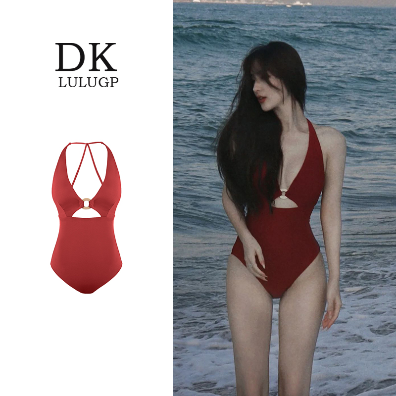 DK バーガンディレッドレトロ香港スタイルセクシーなホットガールディープVネック気質ホワイトカバー腹スリムホリデーワンピース水着