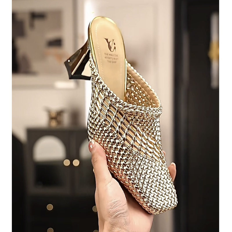 Vg |   2025 Spring/Summer New Style Gold Square-Toe Hollow Chunky Heel Fashion Versatile Half-Slipper 6cm