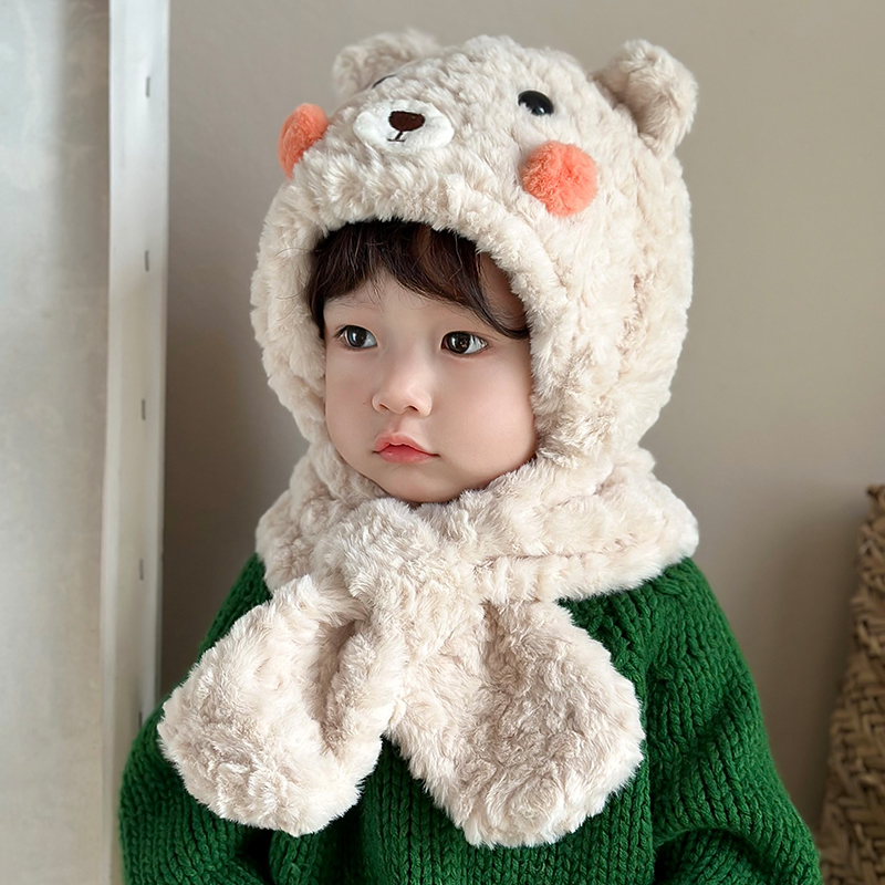 Baby hat scarf integrated hat winter style thickened male and female baby plush hat boy scarf-neck protective ear cap child-Taobao