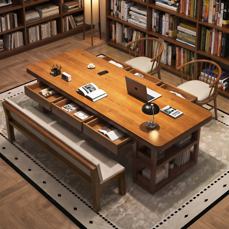 Solid Wood Long Desk with Bookshelf Integrated for Living Room, Home Use Long Table with Drawers, Study Desk, Natural Wood Workbench