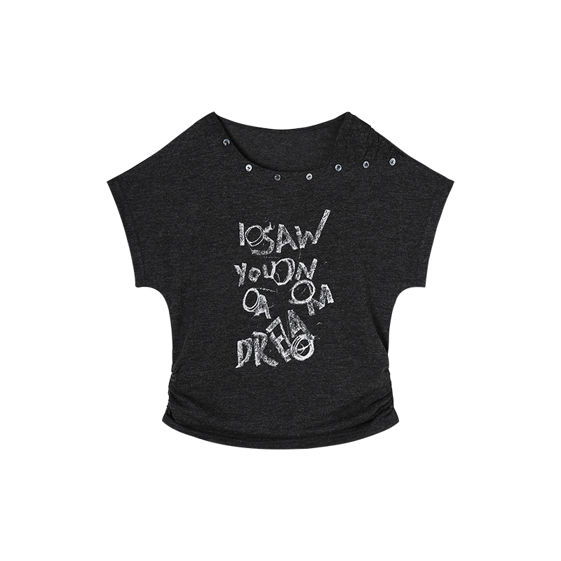 8.1F New American Style Hot Girl Style Pleated Waist-Cinching Printed Short-Sleeved T-Shirt 30315-7838