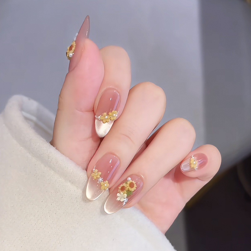 Sunflower 3D Flower Handmade Press-On Nails, Water-Gloss Cat Eye, High-End Medium-Long Style, Detachable, New Spring Design