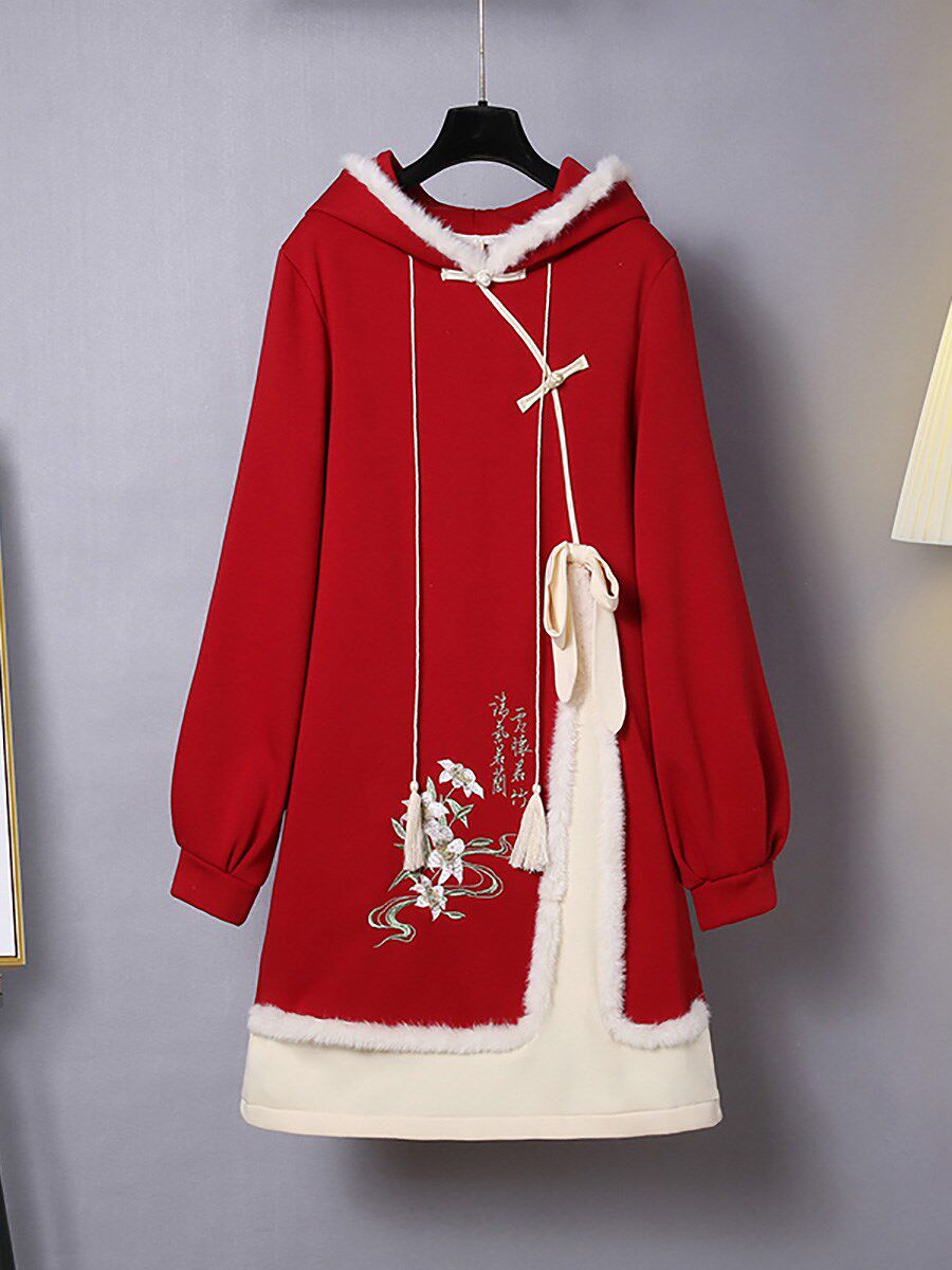 New Chinese embroidered Chinese style Chinese style clothing sweatshirt dress woman plus suede thickened tangy dress blouse with dress winter 2023 new-Taobao