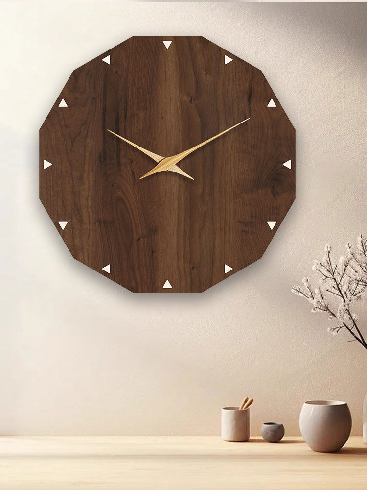 2026 New Wabi-Sabi Style Faux Wood Corner Living Room Wall Clock, Creative Wall-Mounted Silent Clock, High-End Natural Wood Style Clock
