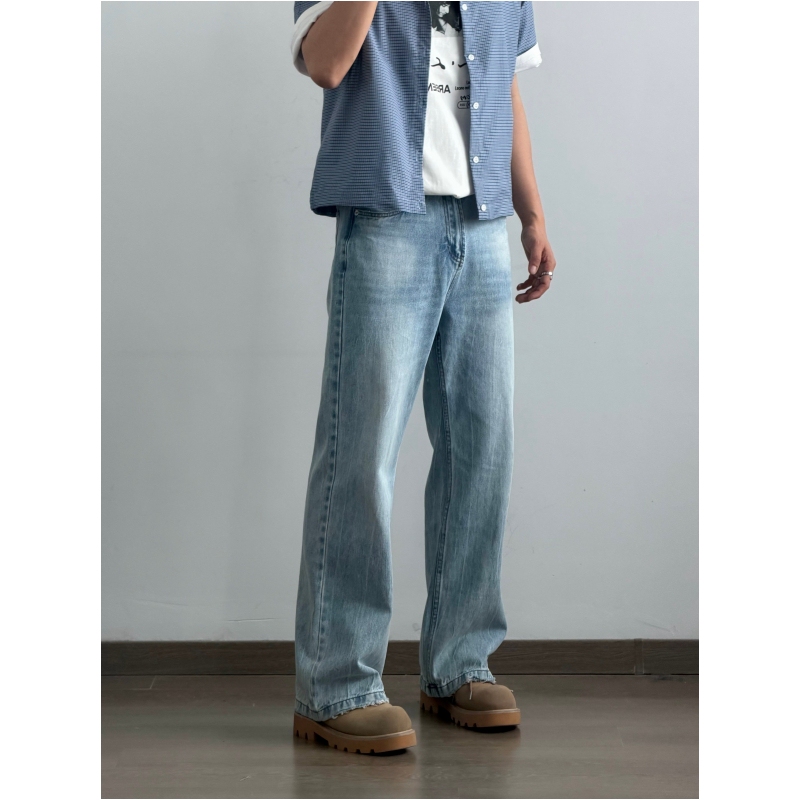 Hfb【Short Leg Length】American Style Commuting Washed Blue Cat Fleece Straight Leg Slimming Jeans Yzk35