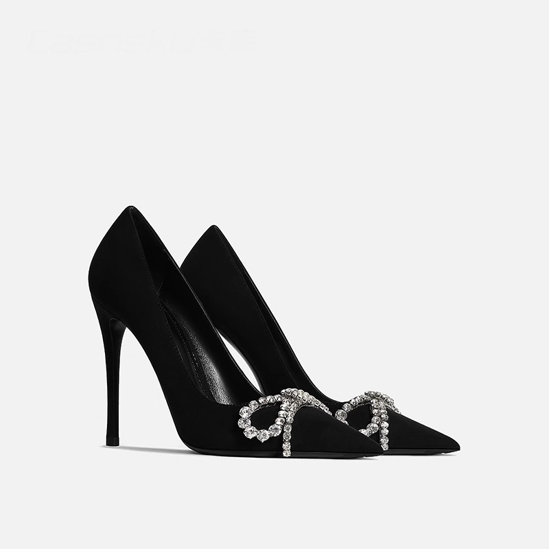 2025 Spring and Summer New Style High-End Black Suede Rhinestone Bow High-Heeled Shoes for Women with Thin Heels and Sexy Elegant