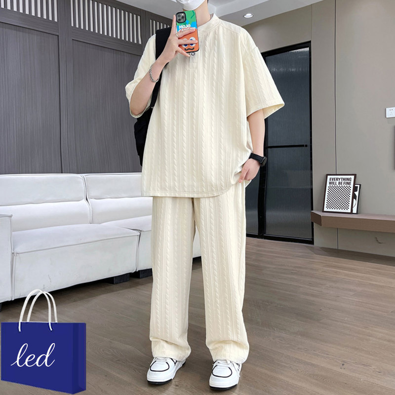 Casual Sports Suit Summer Youth Minimalist Style Short-Sleeved Long Pants Suit Men's Loose and Versatile Two-Piece Set