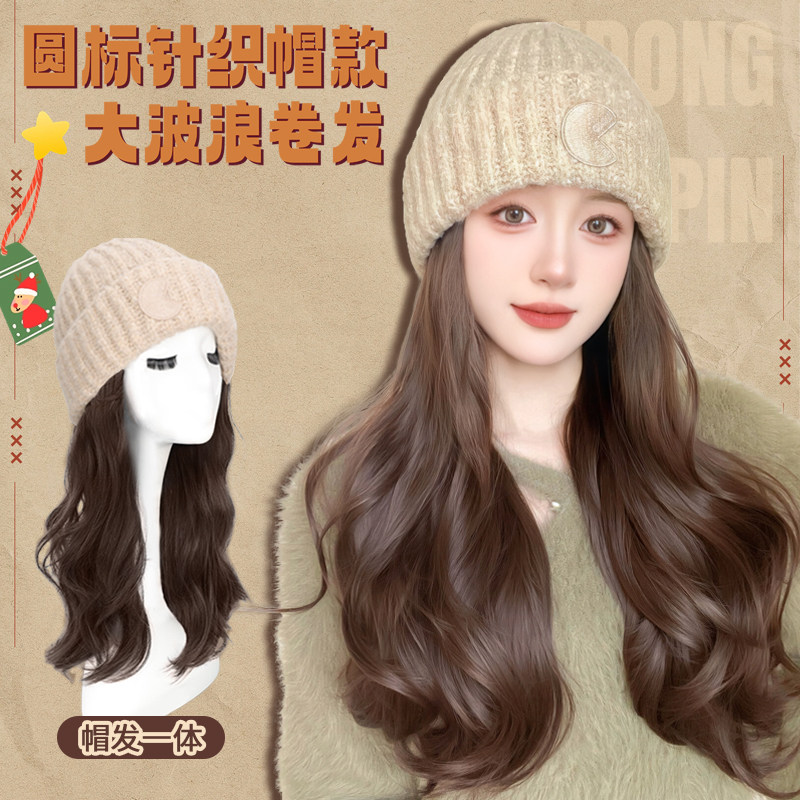 Hat Wig Integrated Autumn Winter 2023 New Emulation Hair Wig Women Full Head Sleeve Type Lazy Wig Cap Long Curly Hair-Taobao