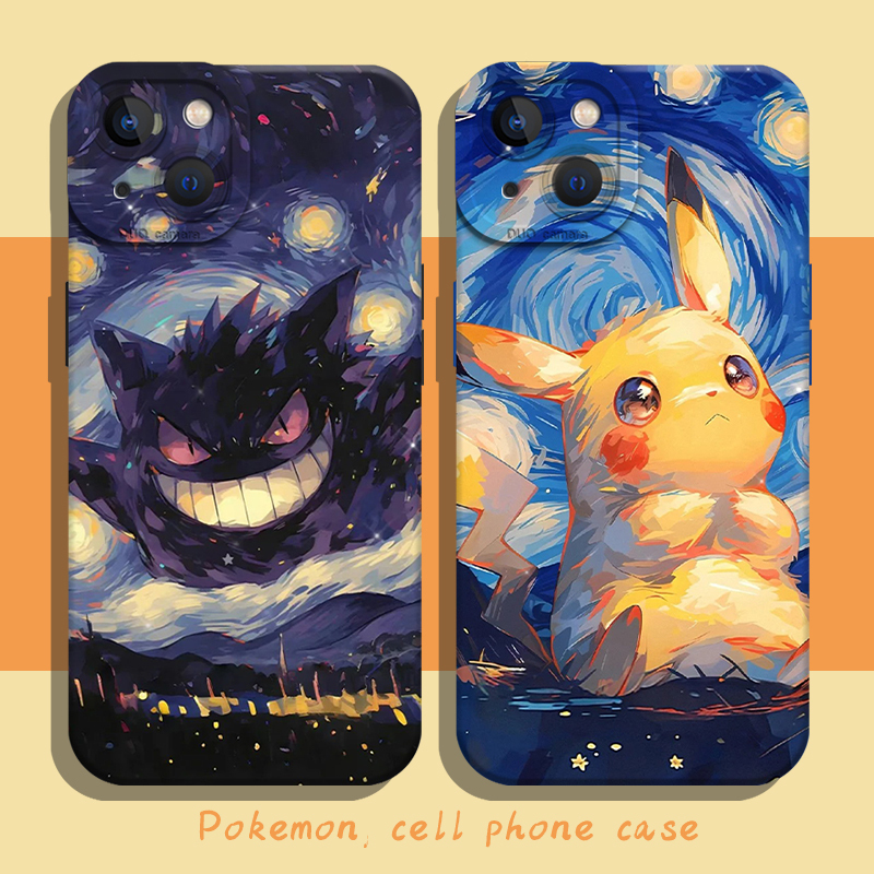 Starry Sky Pokémon Phone Case Compatible with Apple 17 Pro Max Pikachu iPhone 16 Gengar 13 Mini Pokémon 15 Oil Painting 14 Cartoon 8 Plus Anime 7P/12/Xr/Xs Male 11