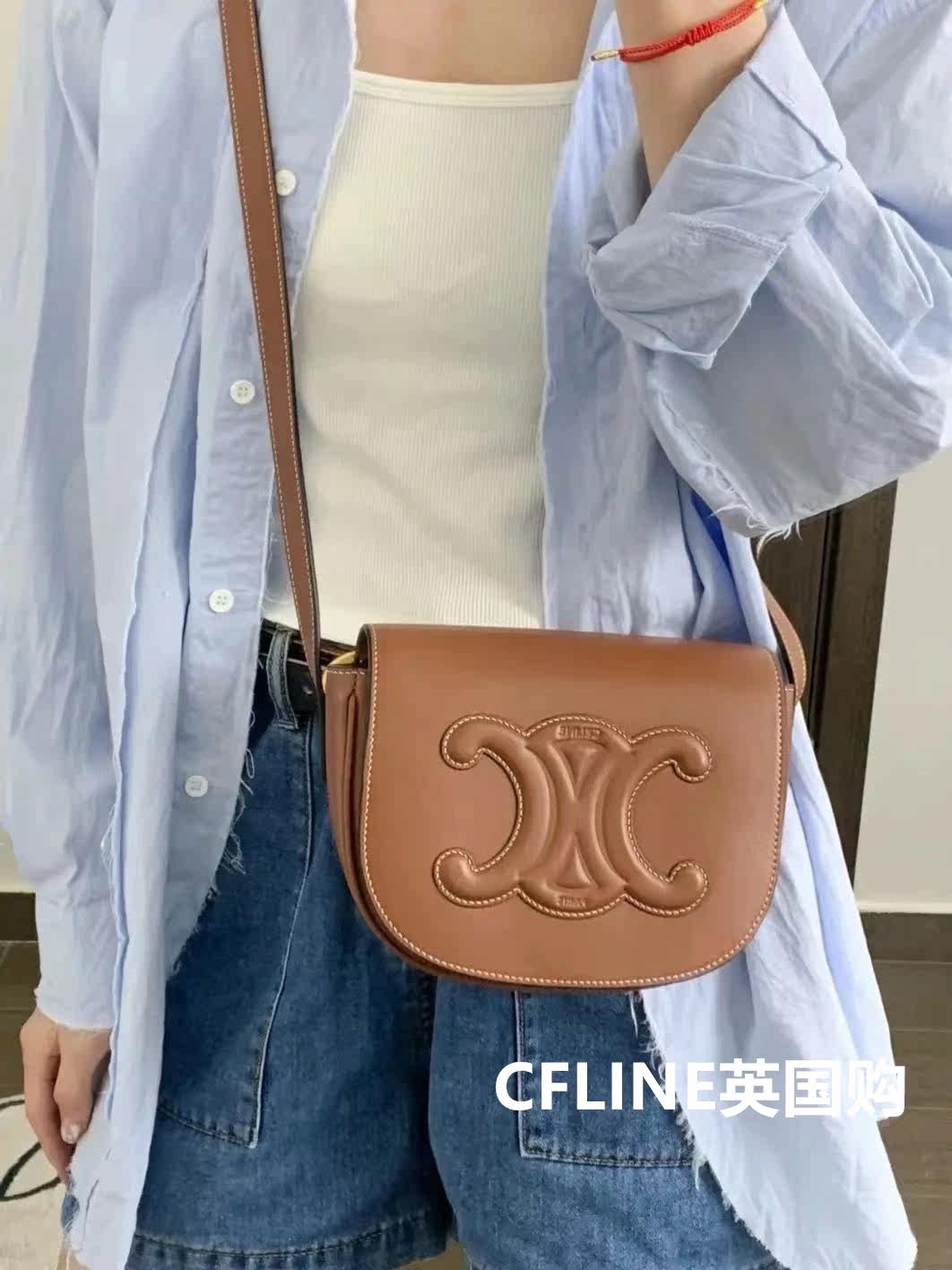 Suitable for CELINE Celine Triumph Classic relief Flap Smooth Bull Leather Fashion Single Shoulder Saddle Bag-Taobao