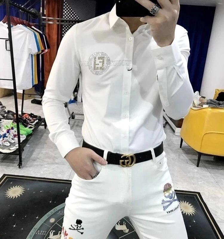 European Long-Sleeved Shirt, Autumn Korean Style, Trendy and Handsome Men's Slim-Fit Embroidered Rhinestone Business Casual White Shirt