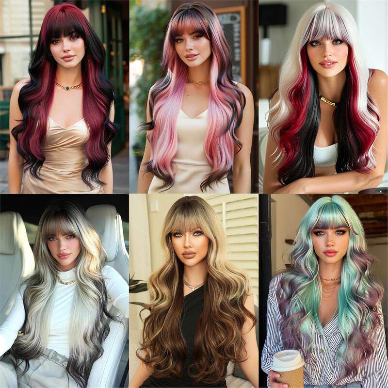 High-Quality 30-Inch Colorful Wavy Extra-Long Curly Hair with Bangs, Soft and Fluffy Synthetic Heat-Resistant Fiber Wig