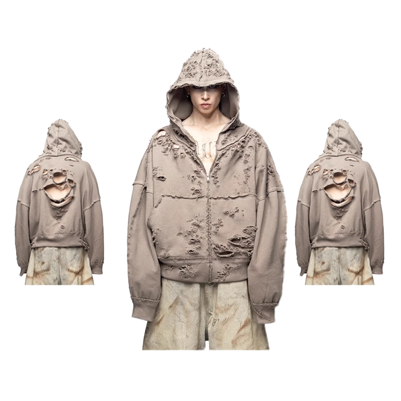 Foreign Oem】Latui Atelier Park Chae Young's Same Style Distressed Oversized Zip-Up Hoodie Sweatshirt