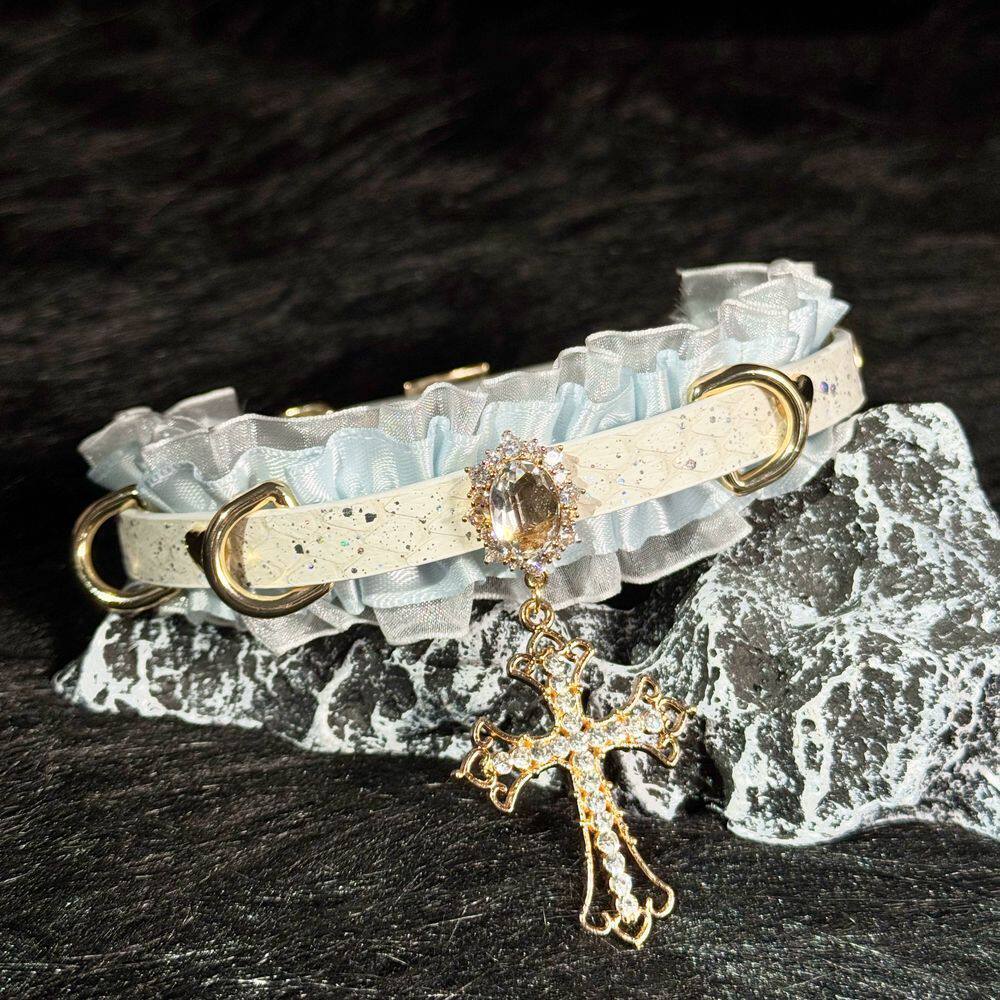 Angel-inspired blue and white lace cross choker, glittery leather neckband, unique design collarbone chain.