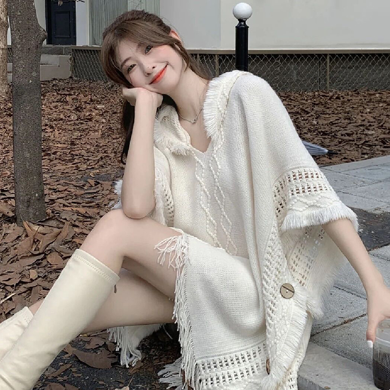 Forest-Style Shawl, Bohemian Tassel Sweater, Knitted Cardigan, Lijiang Sichuan Grassland Travel Hooded Cape, Versatile for Women