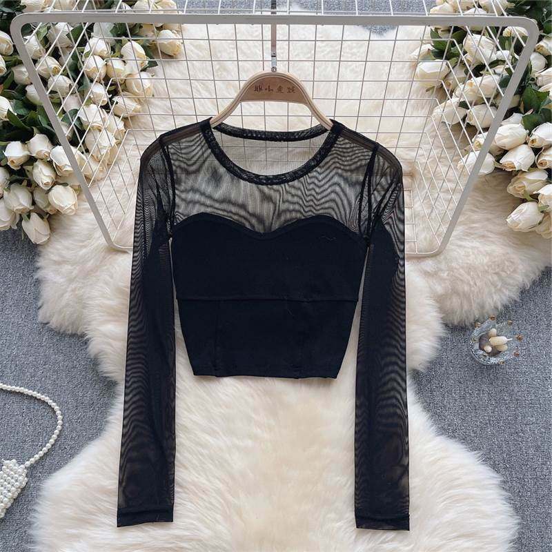 Черная весенне-летняя женская рубашка в западном стиле из сетчатого кружева с длинными рукавами и французским шифоновым верхом.