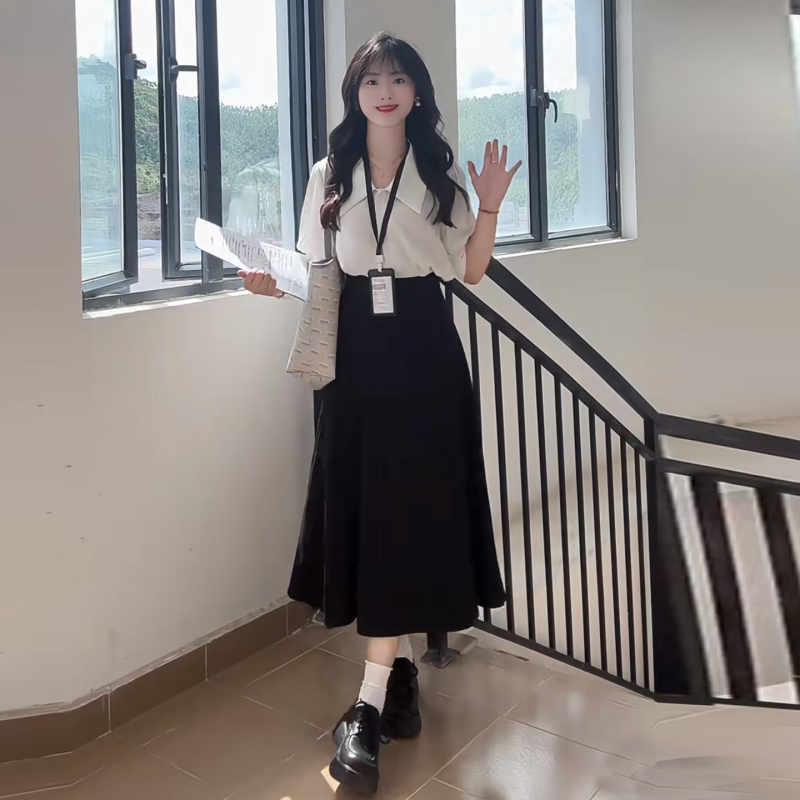 Summer New Style Outfit for Teaching Qualification Interview: White Shirt and Black Skirt Two-Piece Set for College Students' Re-Examination and Defense