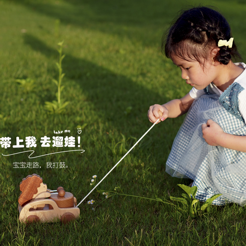 子供用無垢材幼児用クロールトラクターカープルロープカー早期教育知育玩具ドラムカー1歳2歳ベビーギフト