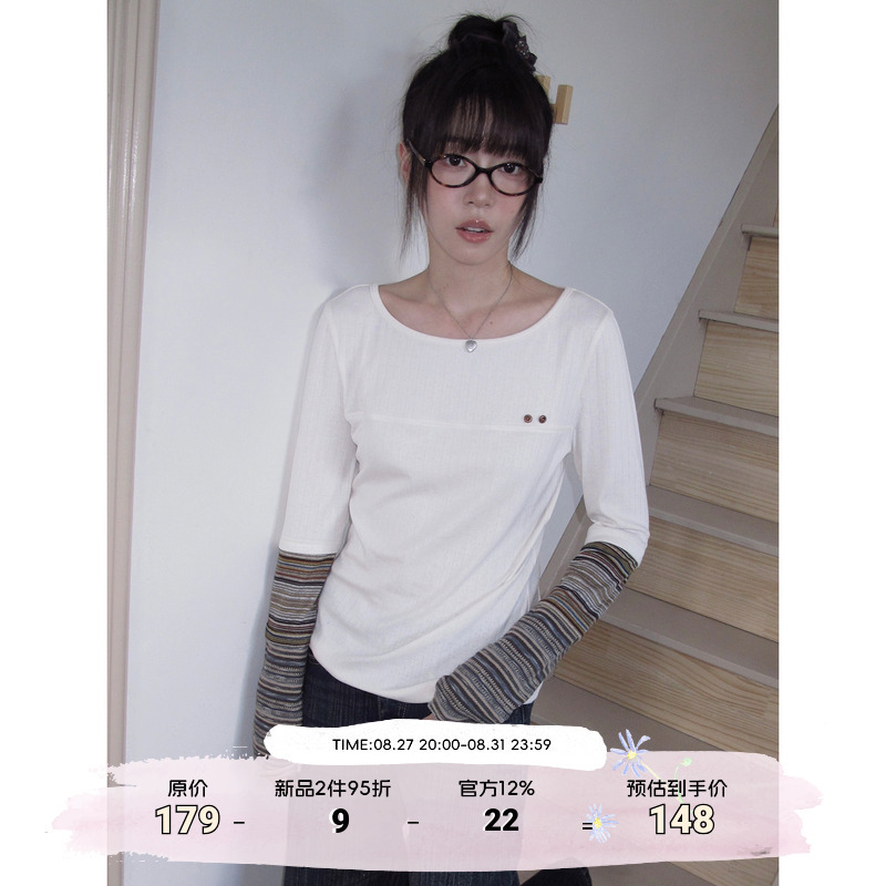 1Moresheep's Color-Blocked Sleeves, Color-Blocked Sleeves with Vertical Stripes, Round Neck, Long Sleeves, Inner Wear, Mori-Style Retro