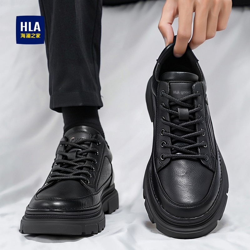 Повседневная кожаная обувь Hailan House; новинка 2025 года; мужская зимняя кожаная обувь полностью черного цвета с мягкой подошвой и низким вырезом на толстой подошве.