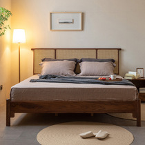 New Chinese style all solid wood bed black walnut color rattan 1 8m double bed master bedroom thickened retro medieval bed