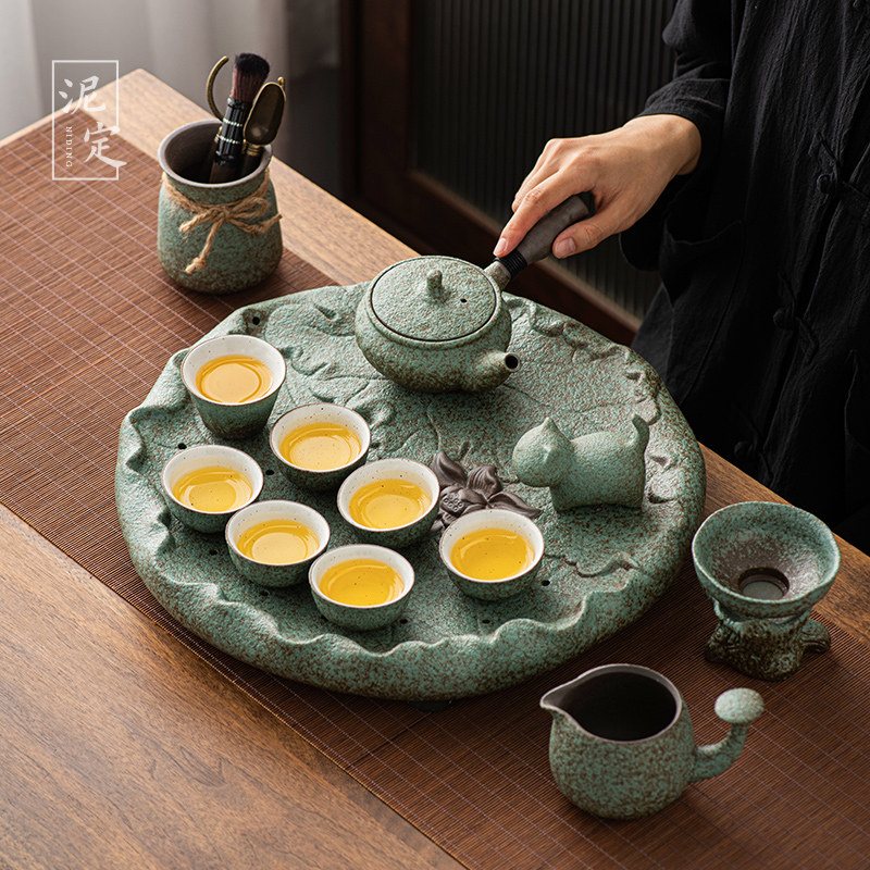 Day Style Coarse Pottery Kongfu Tea Suit Retro Home Ceramic Tea Tray Office Living Room Upscale Meditation Small Sets-Taobao