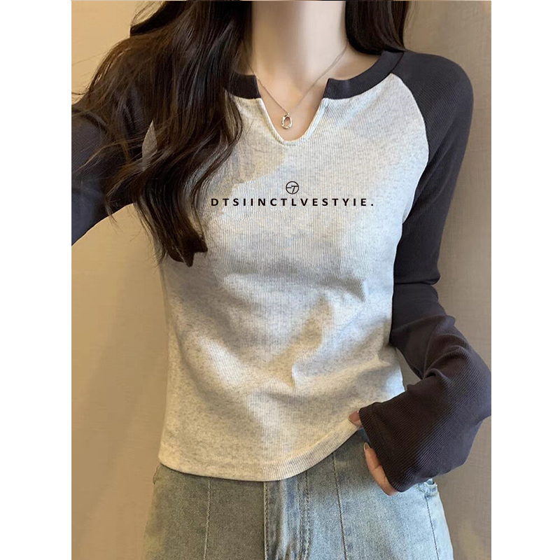 Pure Cotton Regular Shoulder Small V-Neck Long-Sleeve T-Shirt for Women, Spring and Autumn 2025 New Style, Pure Cotton Inner Layer Base Shirt, Color-Blocked Raglan Top