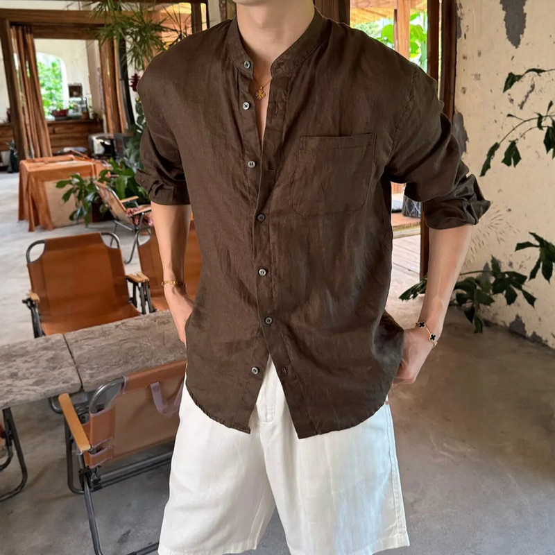 New Chinese-Style Men's Summer Stand-Collar Old Money Style Tencel Linen Shirt with a Relaxed and Casual Feel, Long-Sleeve Casual Shirt Jacket New Chinese-Style Men's Summer Stand-Collar Old Money Style Tencel Linen Shirt with a Relaxed and Casual Feel, Long-Sleeve Casual Shirt Jacket