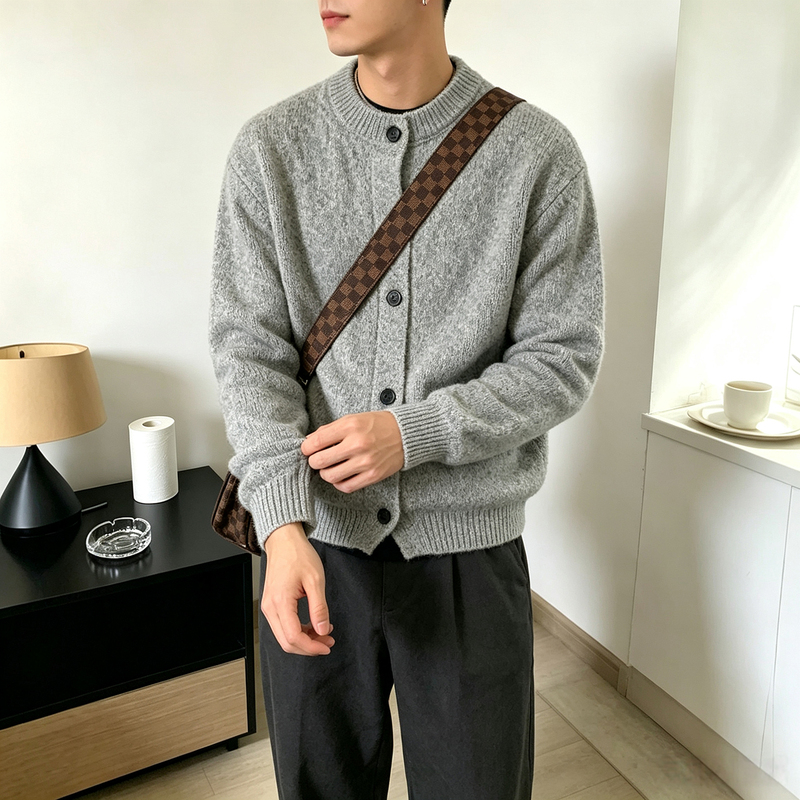 Lightly Mature Style Gray Cardigan Knit Sweater for Men, Autumn Season, Understated and Intellectual Vibe, Retro Layering, Couple's Outerwear Lightly Mature Style Gray Cardigan Knit Sweater for Men, Autumn Season, Understated and Intellectual Vibe, Retro Layering, Couple's Outerwear