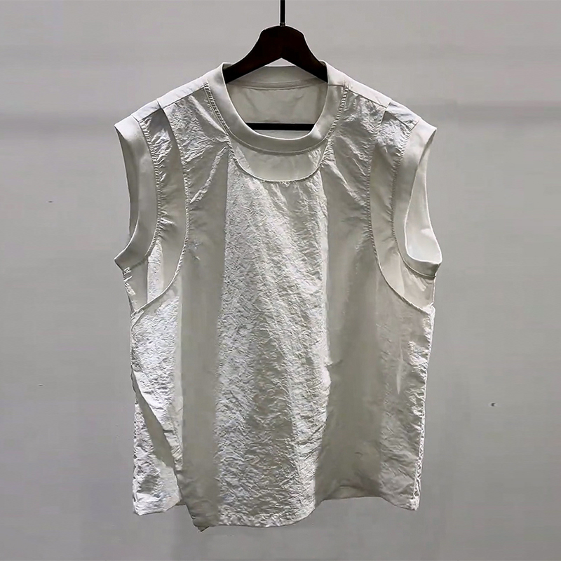 White Small-Neckline Faux Two-Piece Bubble Gauze Vest for Men, American-Style Ice Silk Quick-Dry Sleeveless T-Shirt, Lightweight Sports Vest