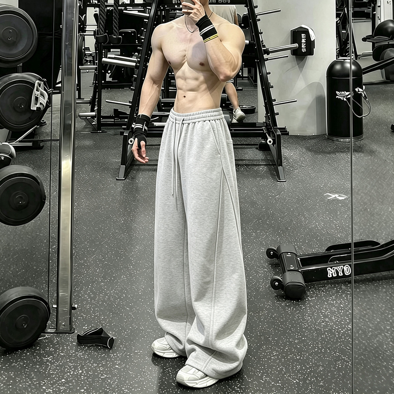 Floral Gray American-Style Straight-Leg Sweatpants for Men, Autumn Cleanfit Fitness Sports Waist-Cinching Slimming Wide-Leg Casual Pants