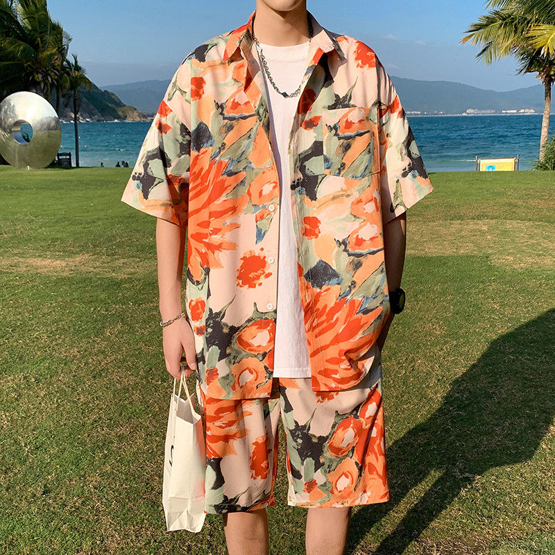 Beach Outfit Set for Men, Summer Beach Couple Outfit, Sanya Style, Large Size Casual Men's Floral Short-Sleeved Shirt for Men