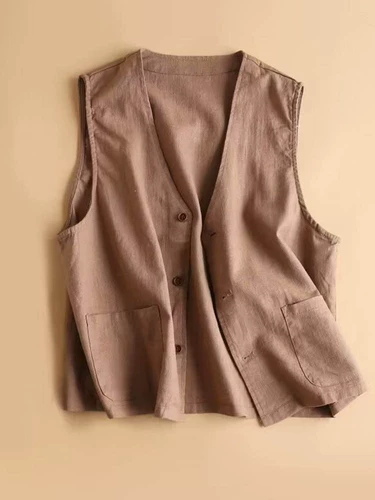 Брендовый однотонный жилет для отдыха, майка топ, куртка, из хлопка и льна