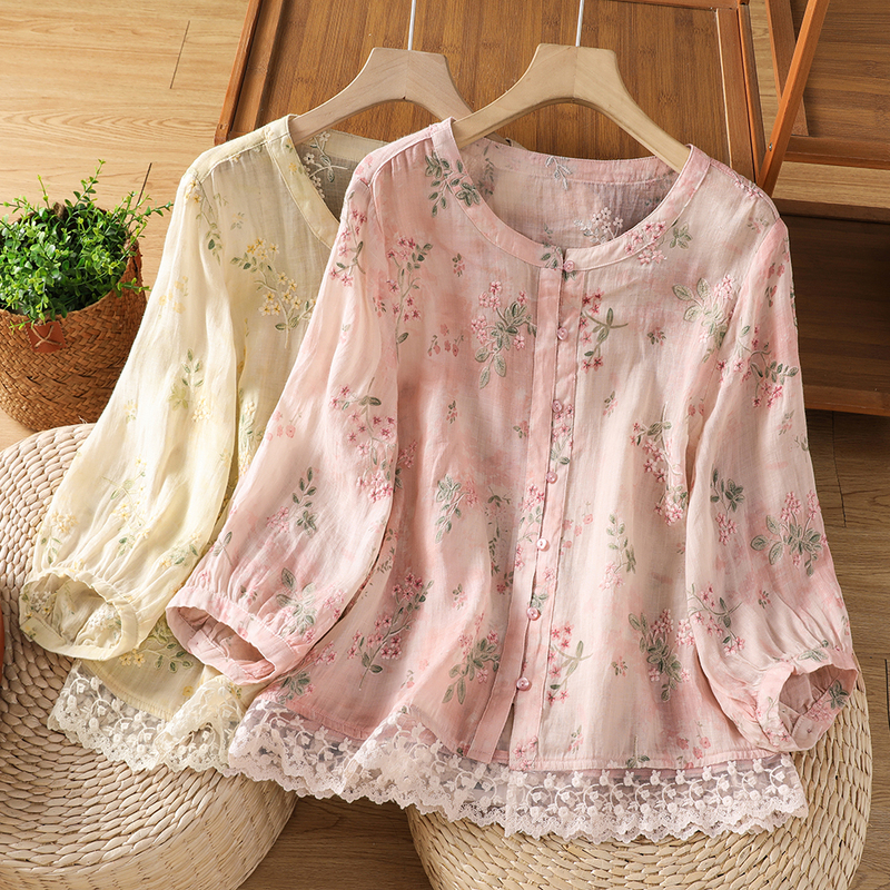 Chinese-Style Embroidered Printed Lace Trim Ramie Shirt for Women, Summer, Very Beautiful and Unique, Zen-Inspired Cotton-Linen Blouse Top