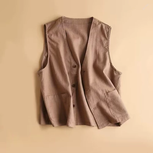 Брендовый однотонный жилет для отдыха, майка топ, куртка, из хлопка и льна