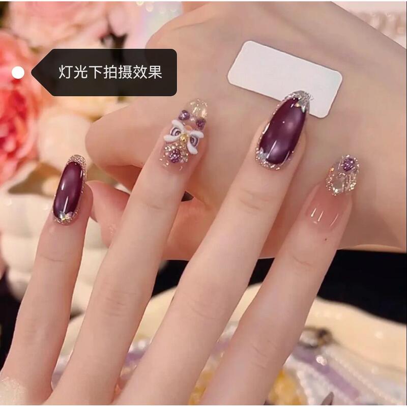 【Nine Purple Flames】Handmade Cat's Eye Wearable Nails Nine Purple Flames Purple Lion Nail Art Stickers Luxurious Gradient Color
