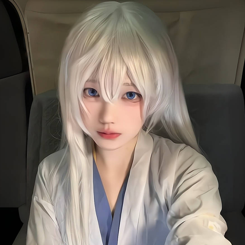 Fake White Hair Wig for Women, Cosplay White Ice Fox Fairy, Pure White Long Straight Hair with Air Bangs, Ancient Style Anime Wig
