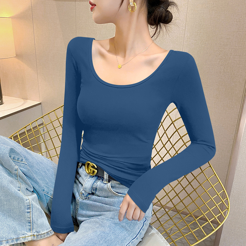 Pink Round-Neck Cool and Breathable Base Shirt for Women, Long-Sleeved for Spring, Autumn, and Winter, Fitted and Slim-Fitting Top with a Large Neckline