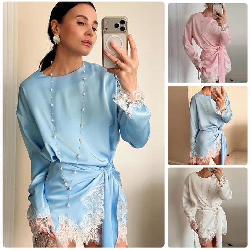 European and American Style Satin Lace Patchwork Two-Piece Set: Round-Neck Loose Long-Sleeve Shirt with Tie-Waist Lace-Trimmed Wrap Skirt