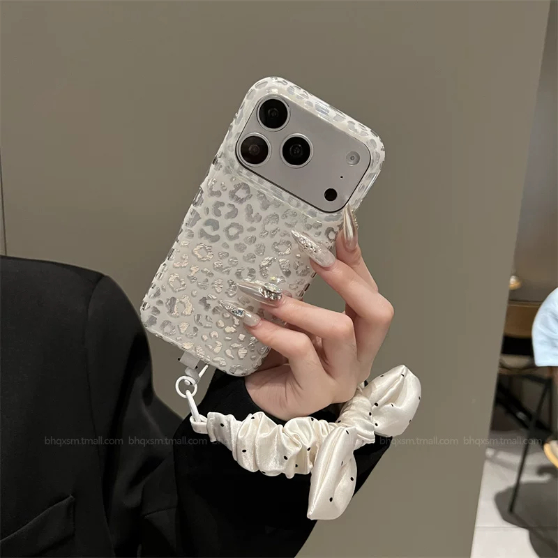 2026 New Korean Style Silver Leopard Print Phone Case Suitable for Apple 17 Pro Max, iPhone 18 Pro Max, High-End Feel, 15 Pro Polka Dot Strap, 16 Crossbody, 18 Pro with Lanyard, 14 for Women
