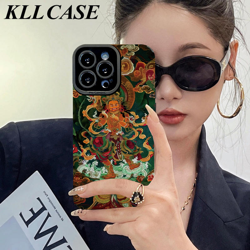 Chinese-Style God of Wealth Blessing Phone Case for Apple 16 Pro Max iPhone 15 Women's 14 Pro Lambskin New Model 13 Fashion Xr Full Coverage 12 Shockproof XS Silicone 6/7/8 Plus Protective Case