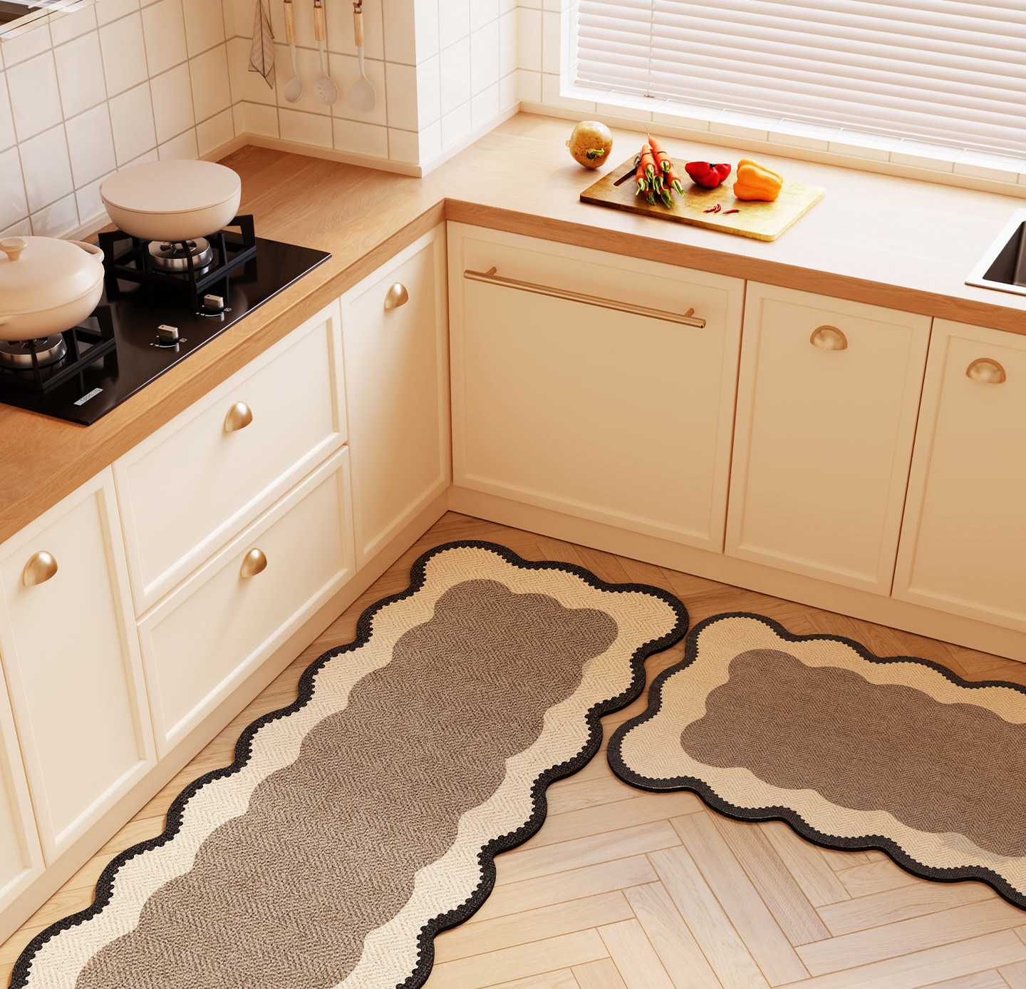 Cartoon Kitty diatomite floor mat, water and oil absorbent, non-slip two-piece set, wear-resistant and non-slip kitchen floor mat