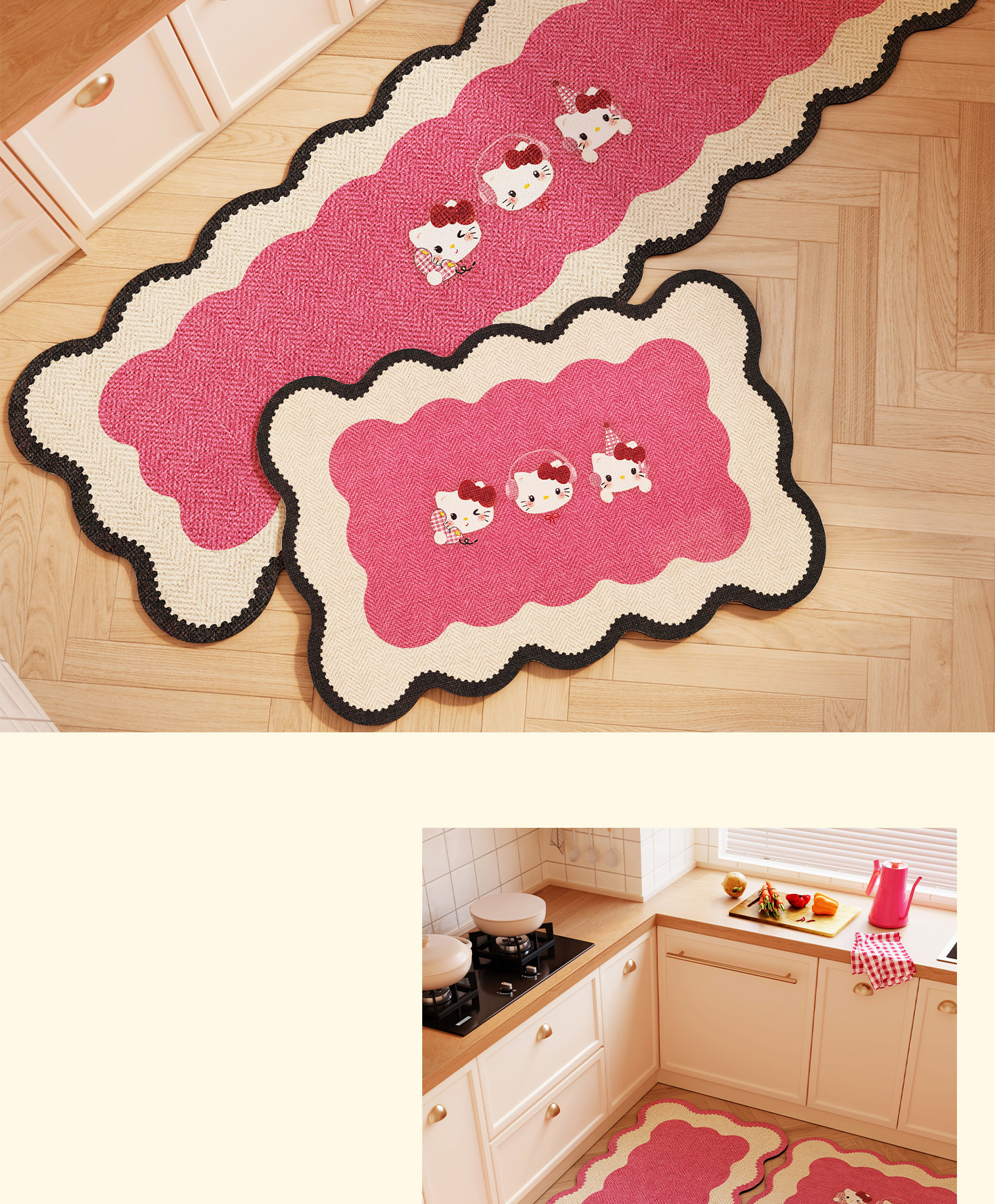 Cartoon Kitty diatomite floor mat, water and oil absorbent, non-slip two-piece set, wear-resistant and non-slip kitchen floor mat