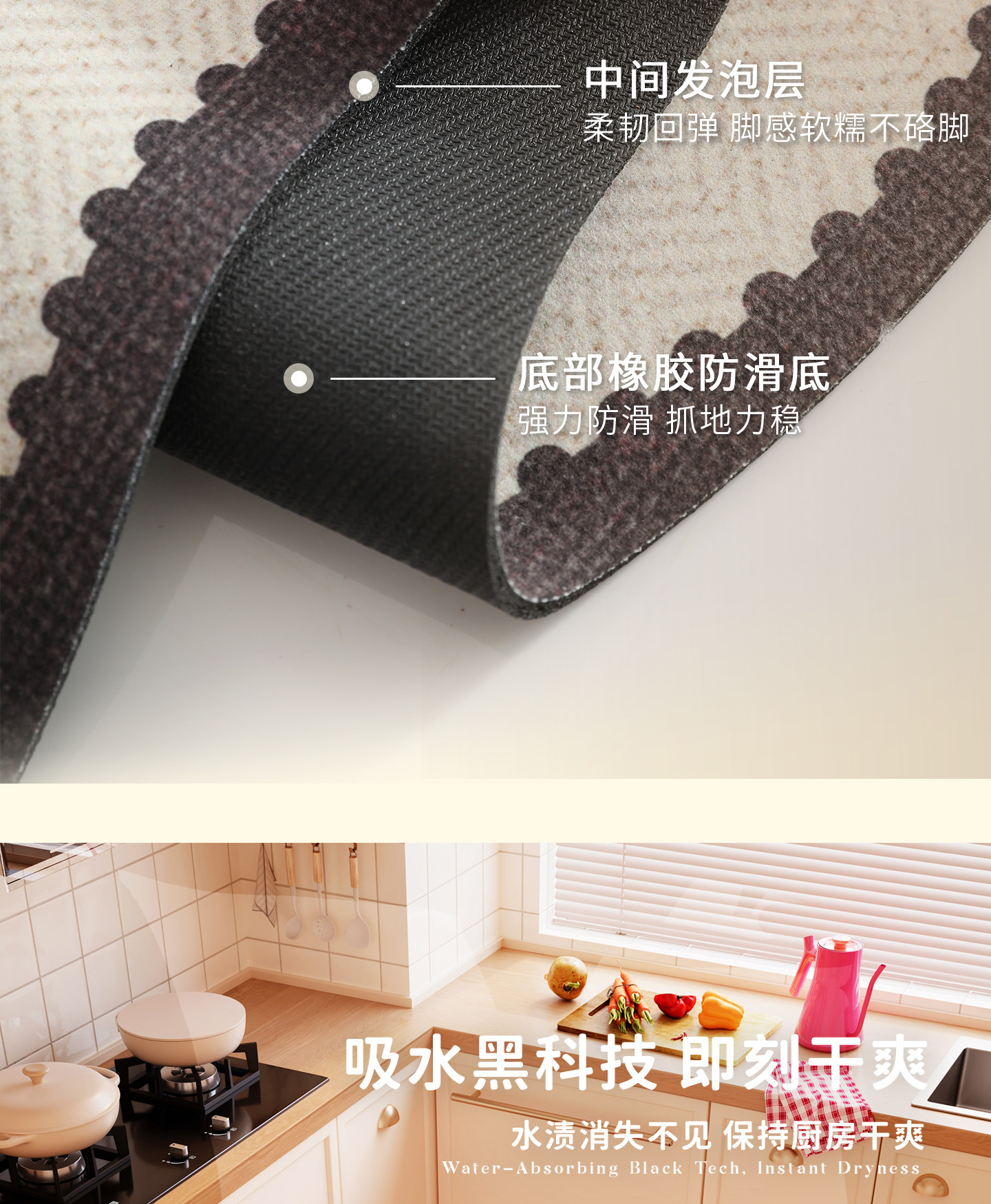 Cartoon Kitty diatomite floor mat, water and oil absorbent, non-slip two-piece set, wear-resistant and non-slip kitchen floor mat