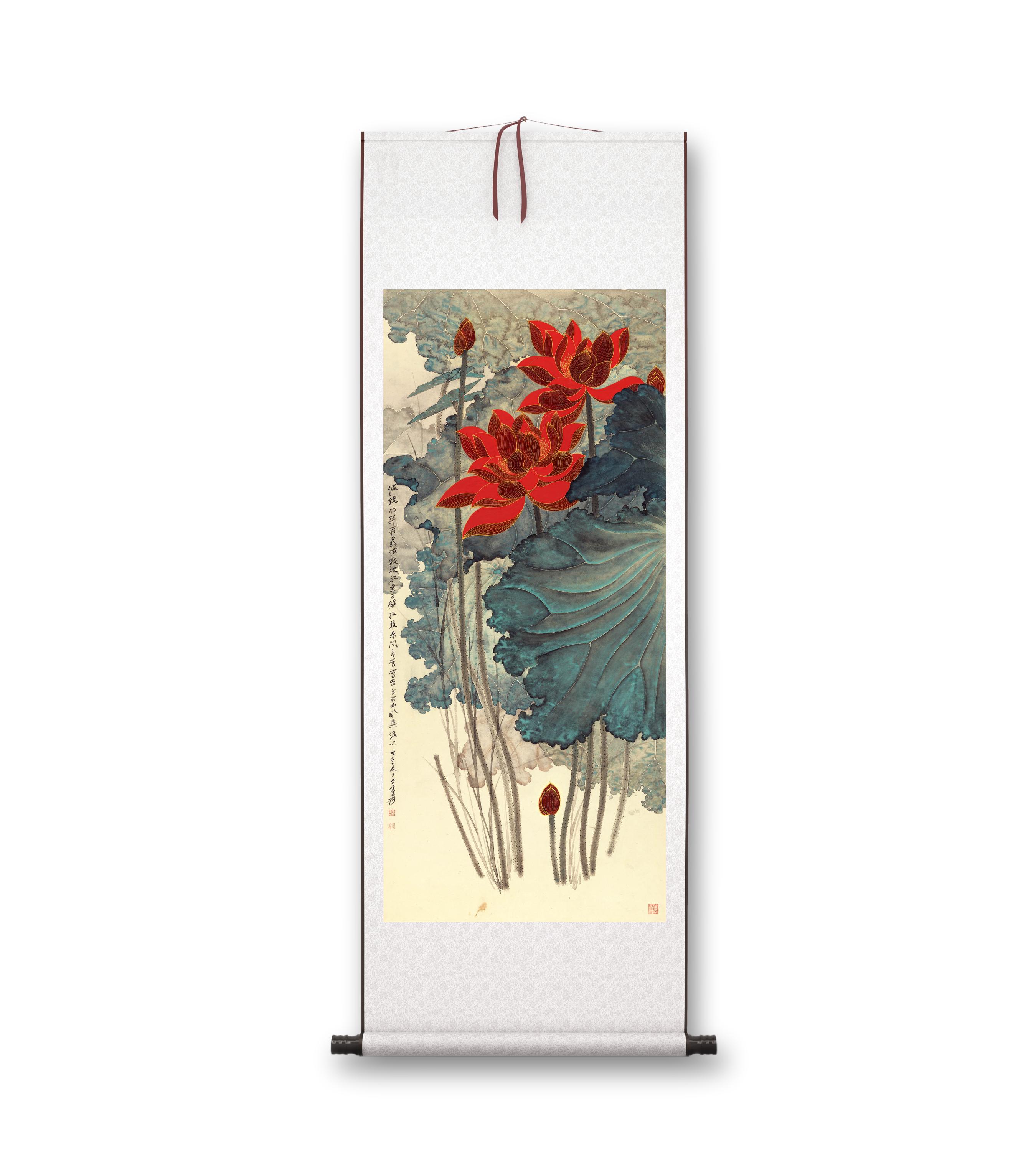 张大千《金线荷花》客厅书房茶室装饰画挂画玄关水墨高清卷轴字画-淘宝