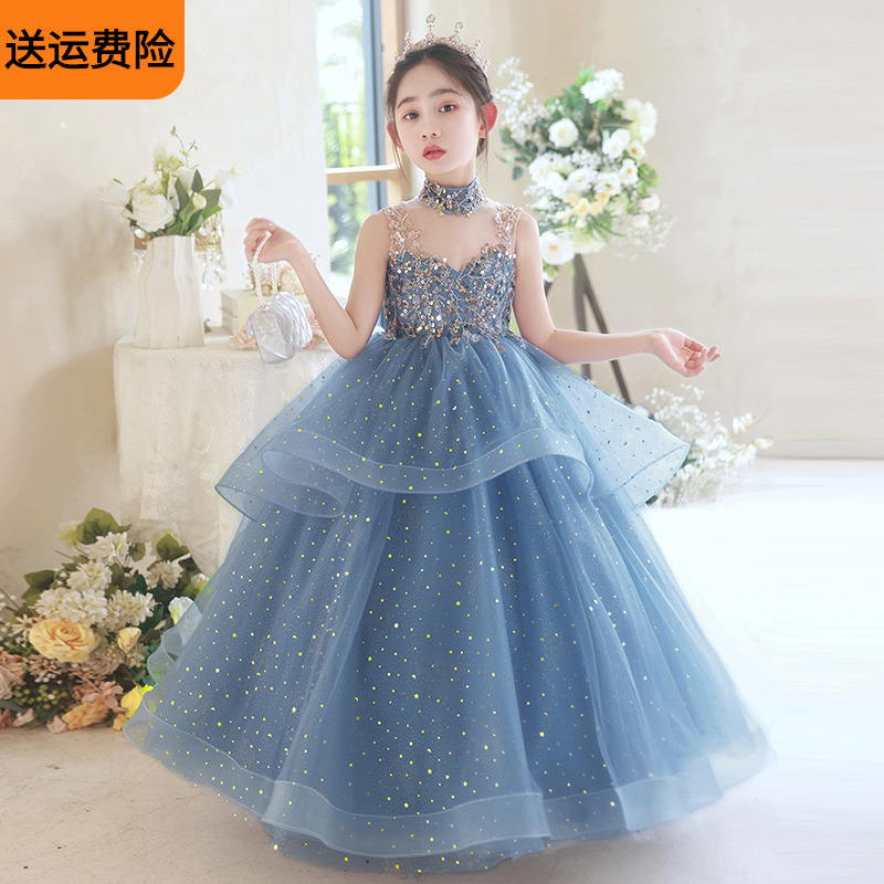 Blue children's dress princess dress high-end fashion host girls 2024 new catwalk piano performance clothing summer