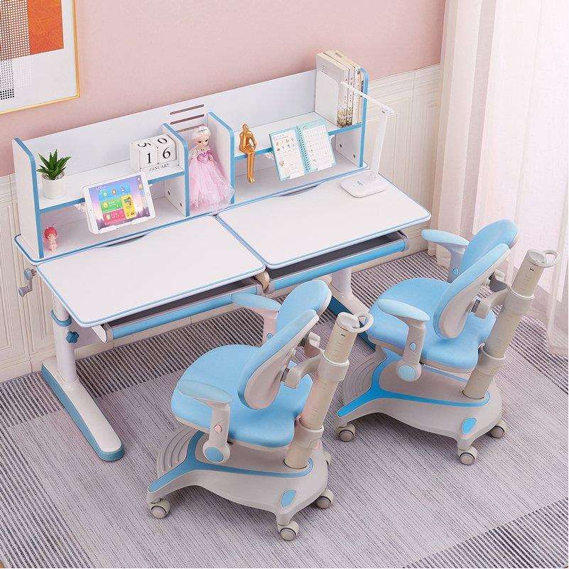 Children's double study table, primary school student desk, liftable solid wood writing home bookcase, integrated table and chair twins