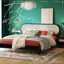 Black solid wood rattan bed retro French double bed master bedroom 1 5 meters Jifeng large bed 1 8 Nordic simplicity